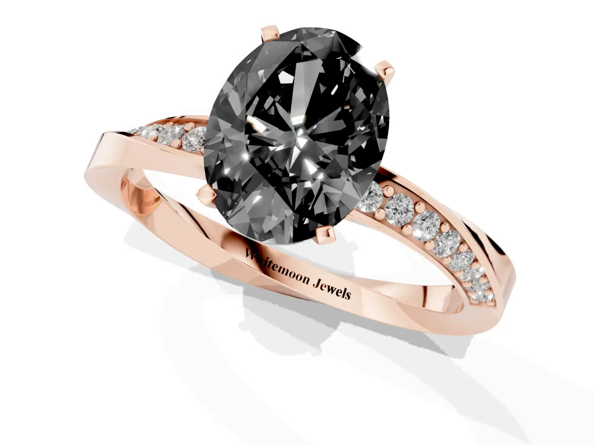 Fancy Black Oval Cut Diamond Engagement Ring with Side Stone Accents and Four-Prong Setting Rose gold