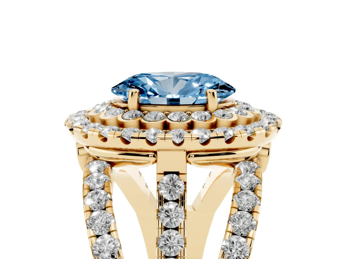 Fancy Blue Oval Cut Diamond Double Halo Ring with Round Pavé Split Shank and Prong Setting Yellow gold