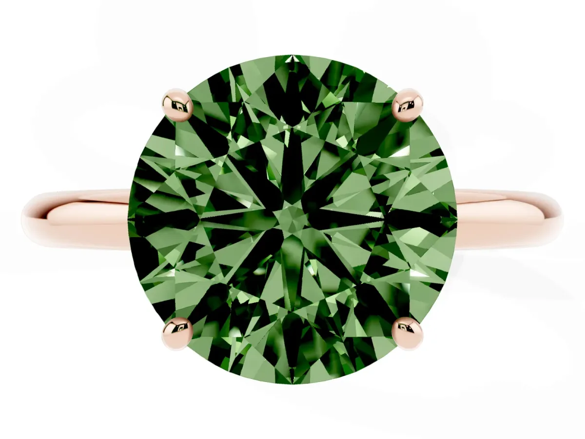 Fancy Green Round Cut Solitaire Diamond Ring with Four-Prong Setting on a Plain Band Rose gold