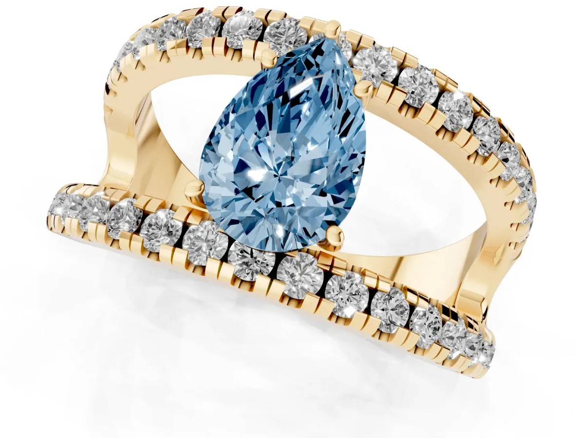 Fancy Blue Pear Cut Solitaire Split Shank Pave Diamond Ring Yellow gold