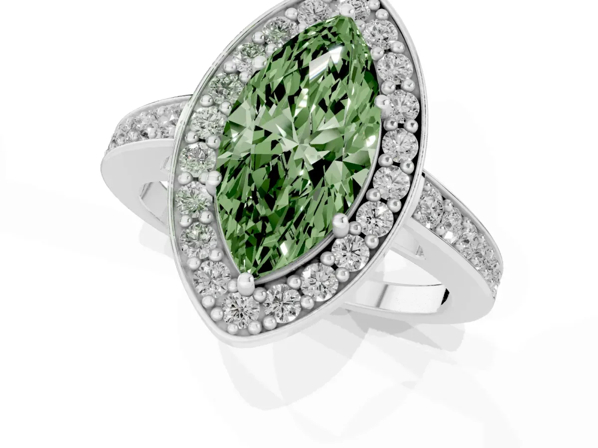 Fancy Green Marquise Cut Halo Pavé Diamond Engagement Ring with Bezel Setting Platinum