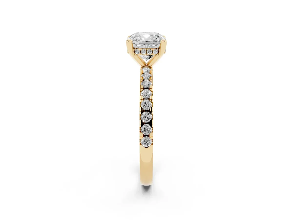 Cushion Cut Diamond Solitaire Ring with Round Pavé Band and Four-Prong Setting Yellow gold