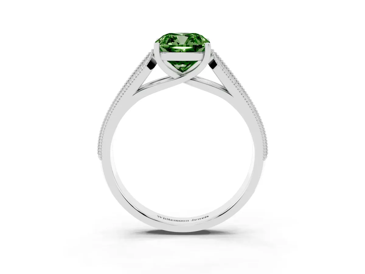 Fancy Green Cushion Cut Cut Pave Split Shank Engagement Ring with Four-Prong Setting Silver