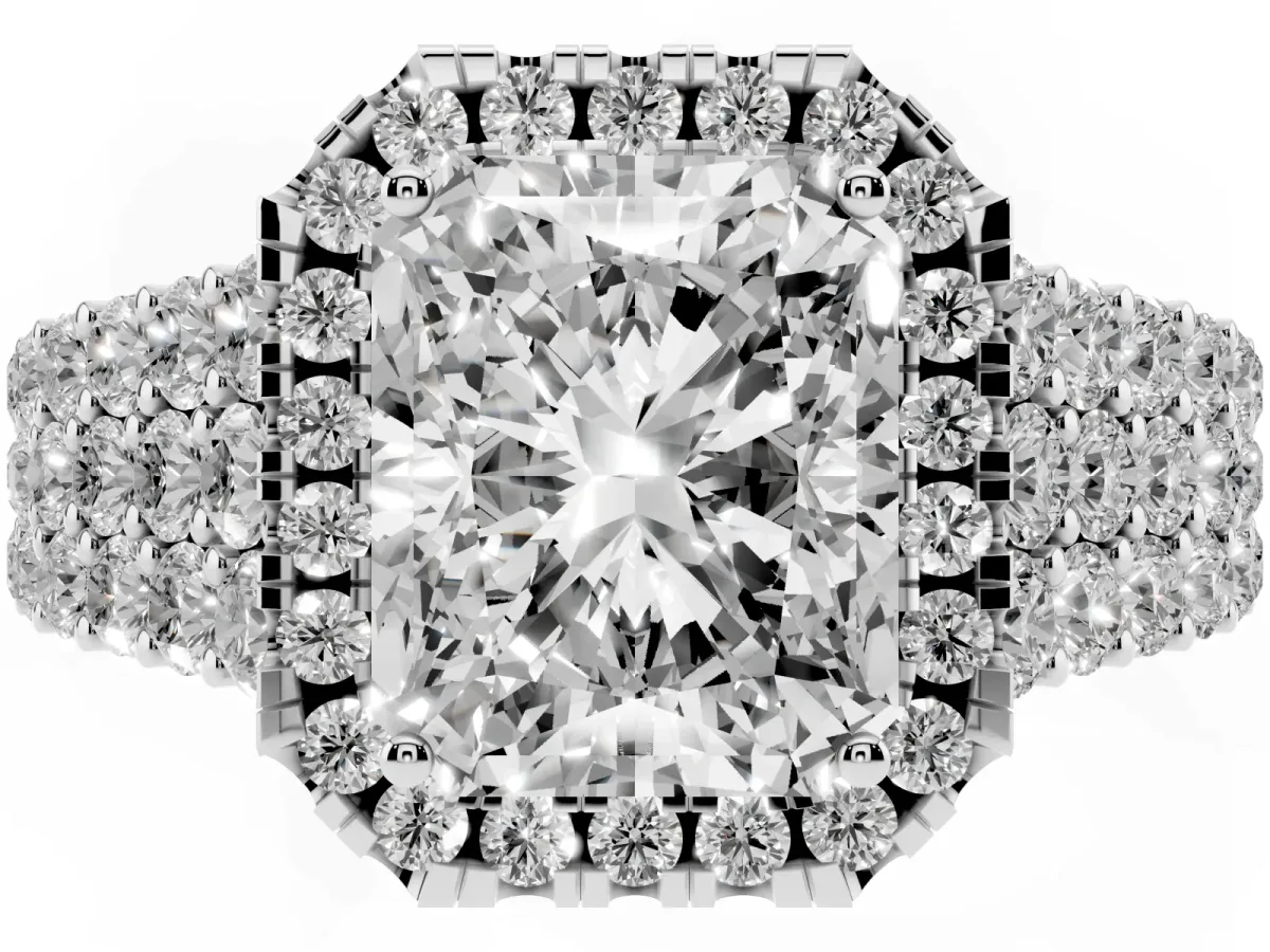 Radiant Cut Diamond Halo Engagement Ring with Triple Row Round Pavé Band and Prong Setting Platinum