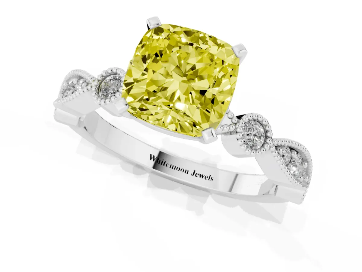 Fancy Yellow Cushion Cut Milgrain Bezel Diamond Engagement Ring with Solitaire Prong Setting Silver