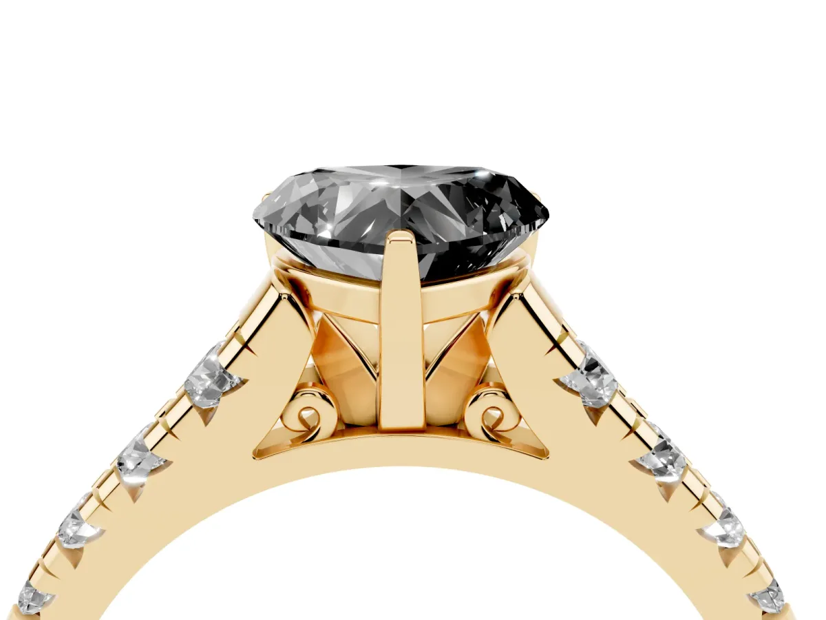 Fancy Black Heart Cut Diamond Cathedral Solitaire Ring with Round Pavé Band Yellow gold