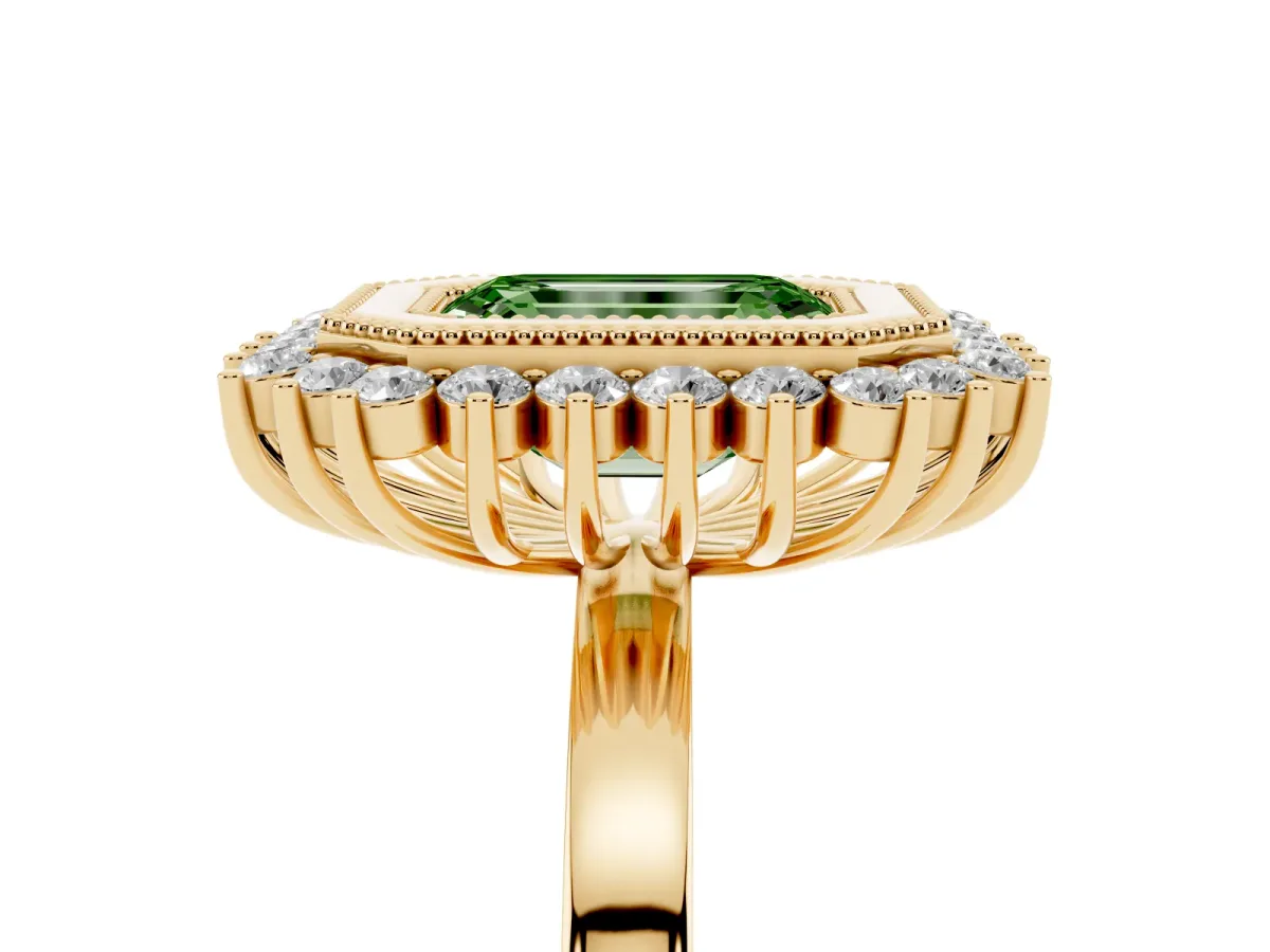 Fancy Green Emerald Cut Halo Diamond Ring with Milgrain Edge and Round Prong Setting Yellow gold