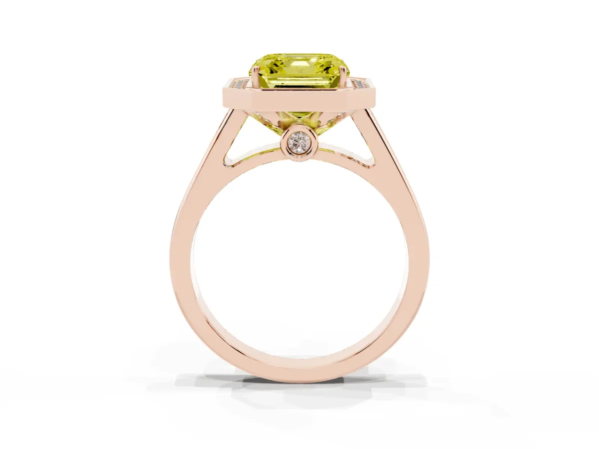 Fancy Yellow Asscher Cut Halo Solitaire Diamond Ring with Pave Band and Bezel Setting Rose gold