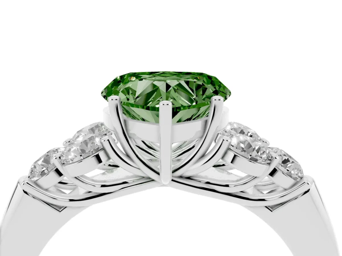 Fancy Green Heart Cut Cut Diamond Cluster Ring with Round Accent Stones and Prong Setting on a Classic Band White gold