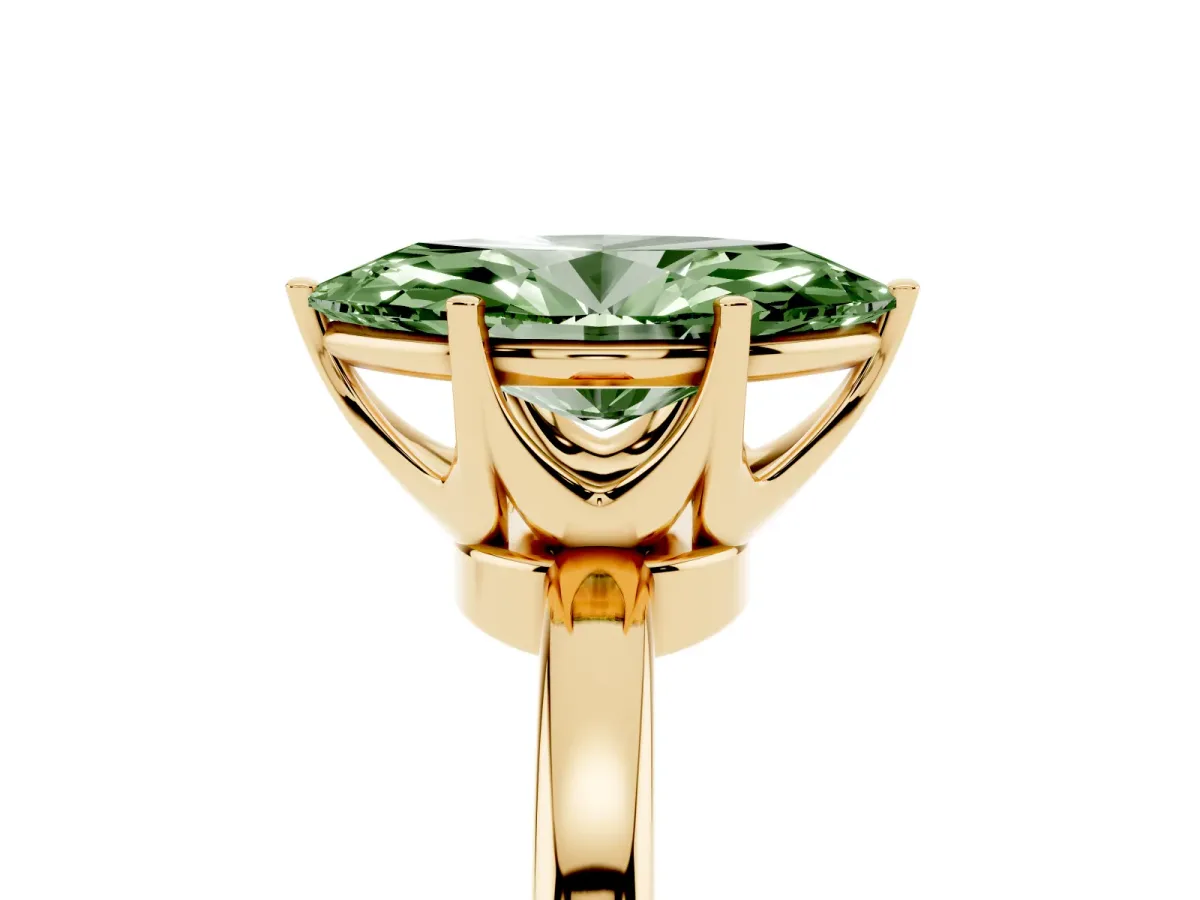 Fancy Green Marquise Cut Solitaire Diamond Ring with Six-Prong Setting on a Classic Band Yellow gold