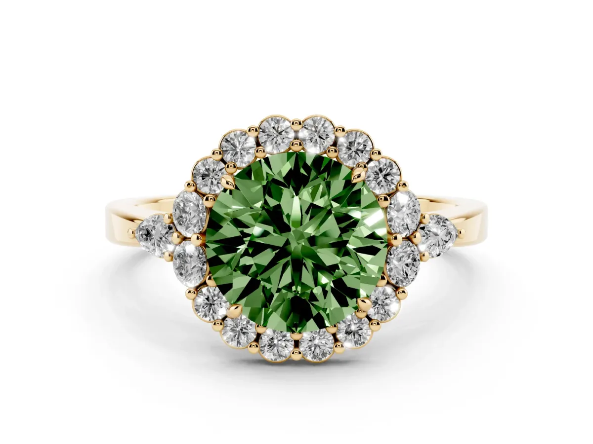 Fancy Green Round Cut Diamond Halo Ring with Pear Side Stones and Prong Setting Yellow gold