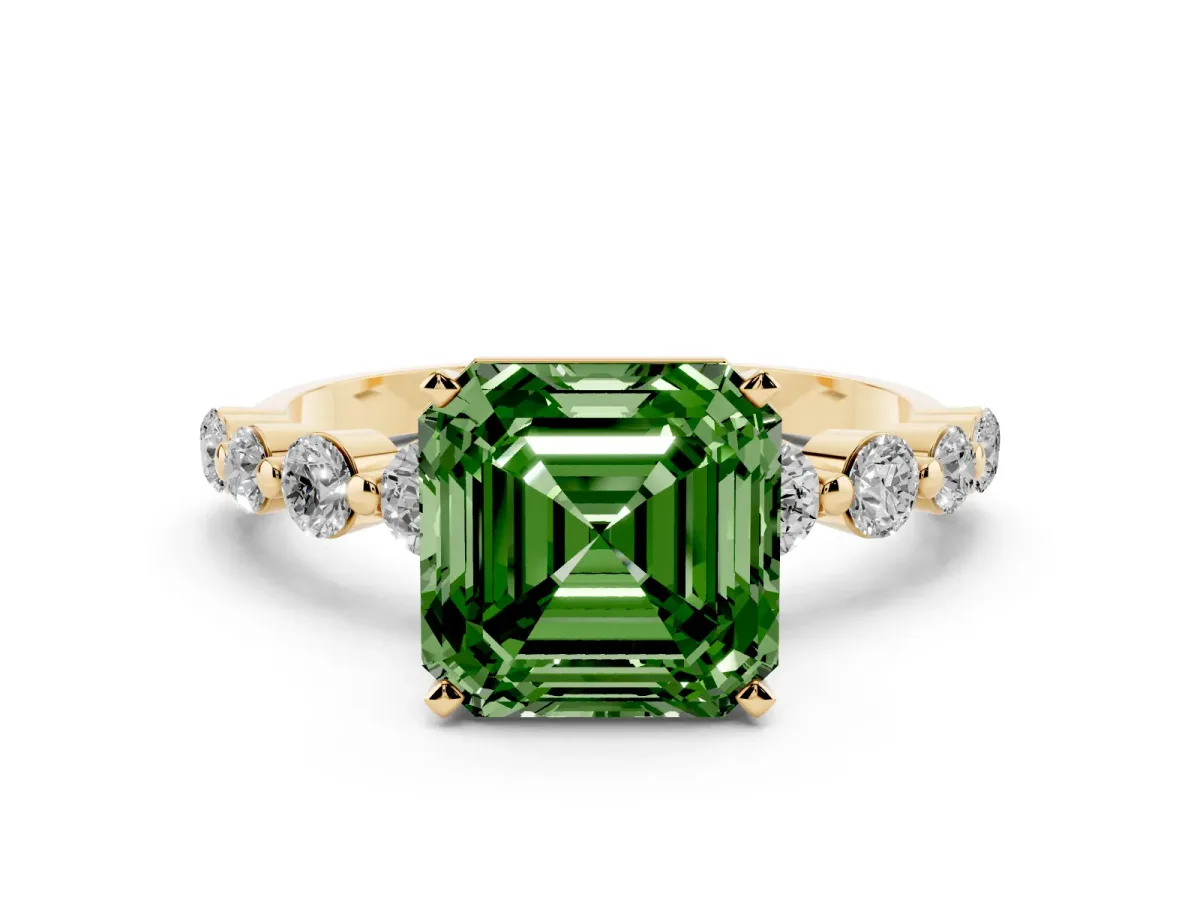 Fancy Green Asscher Cut Solitaire Diamond Ring with Pave Band and Four-Prong Setting Yellow gold