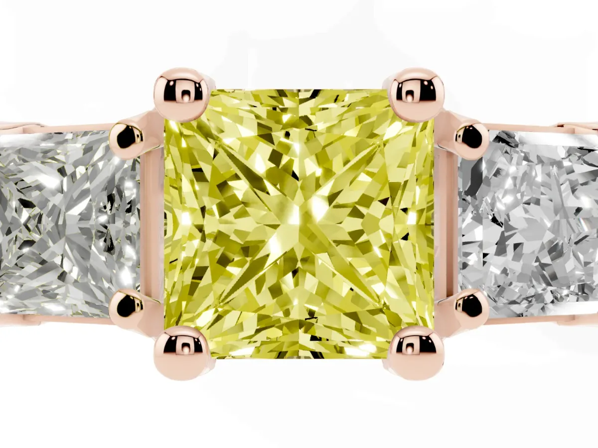 Fancy Yellow Princess Cut Diamond Three-Stone Ring with Channel Set Band and Four-Prong Setting Rose gold