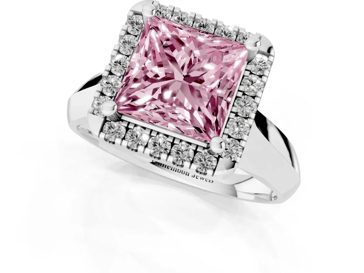 Fancy Pink Princess Cut Cut Halo Solitaire Engagement Ring with Square Band and Four-Prong Setting White gold