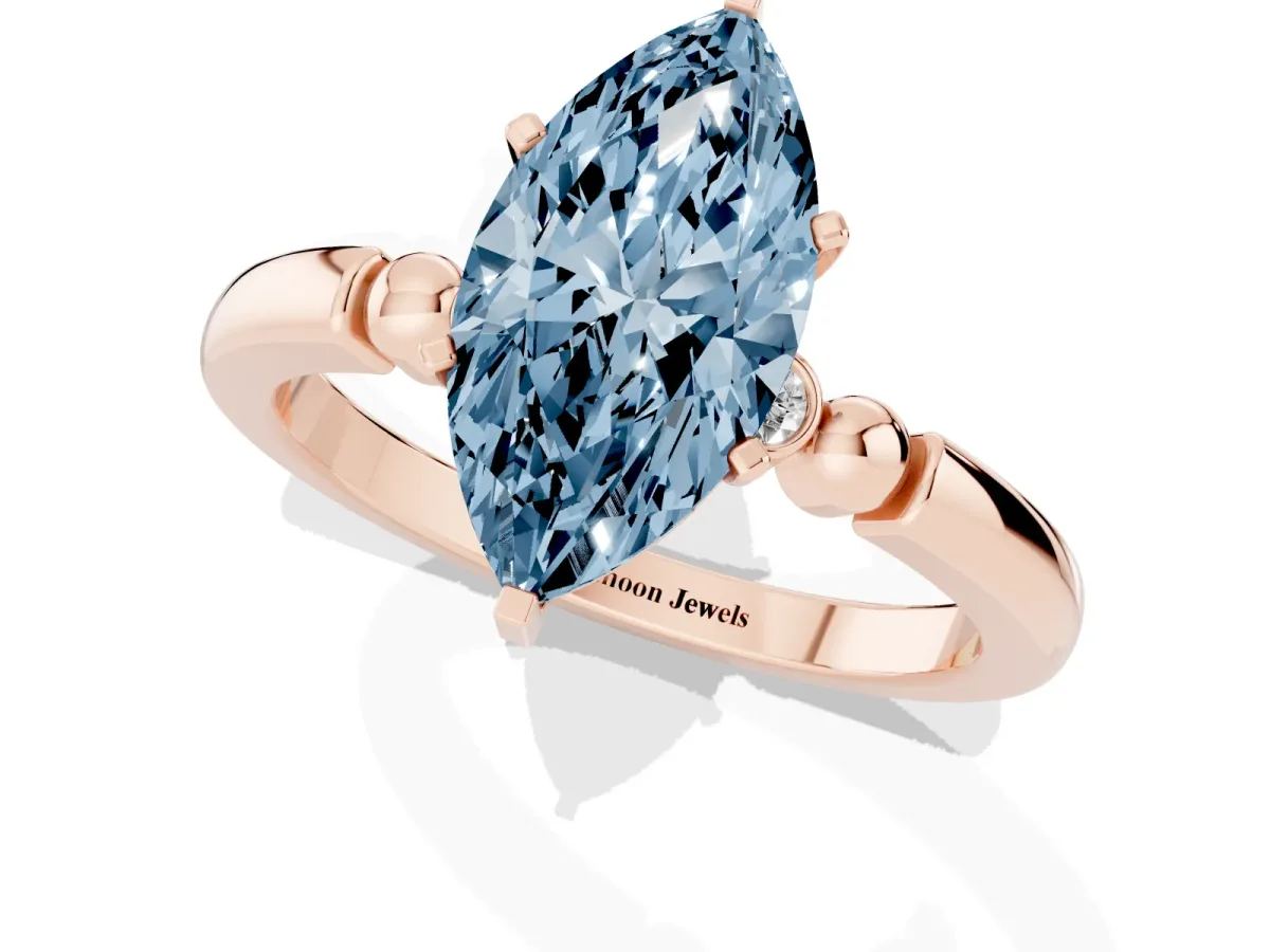 Fancy Blue Marquise Cut Solitaire Beaded Band with Four-Prong Setting Rose gold