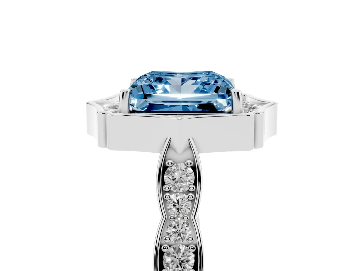 Fancy Blue Princess Cut Halo Diamond Engagement Ring with Milgrain Band and Four-Prong Setting Platinum