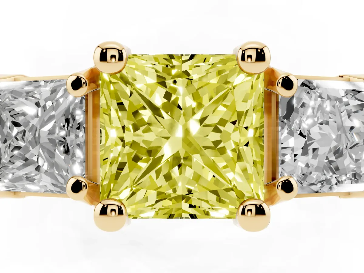 Fancy Yellow Princess Cut Diamond Three-Stone Ring with Channel Set Band and Four-Prong Setting Yellow gold