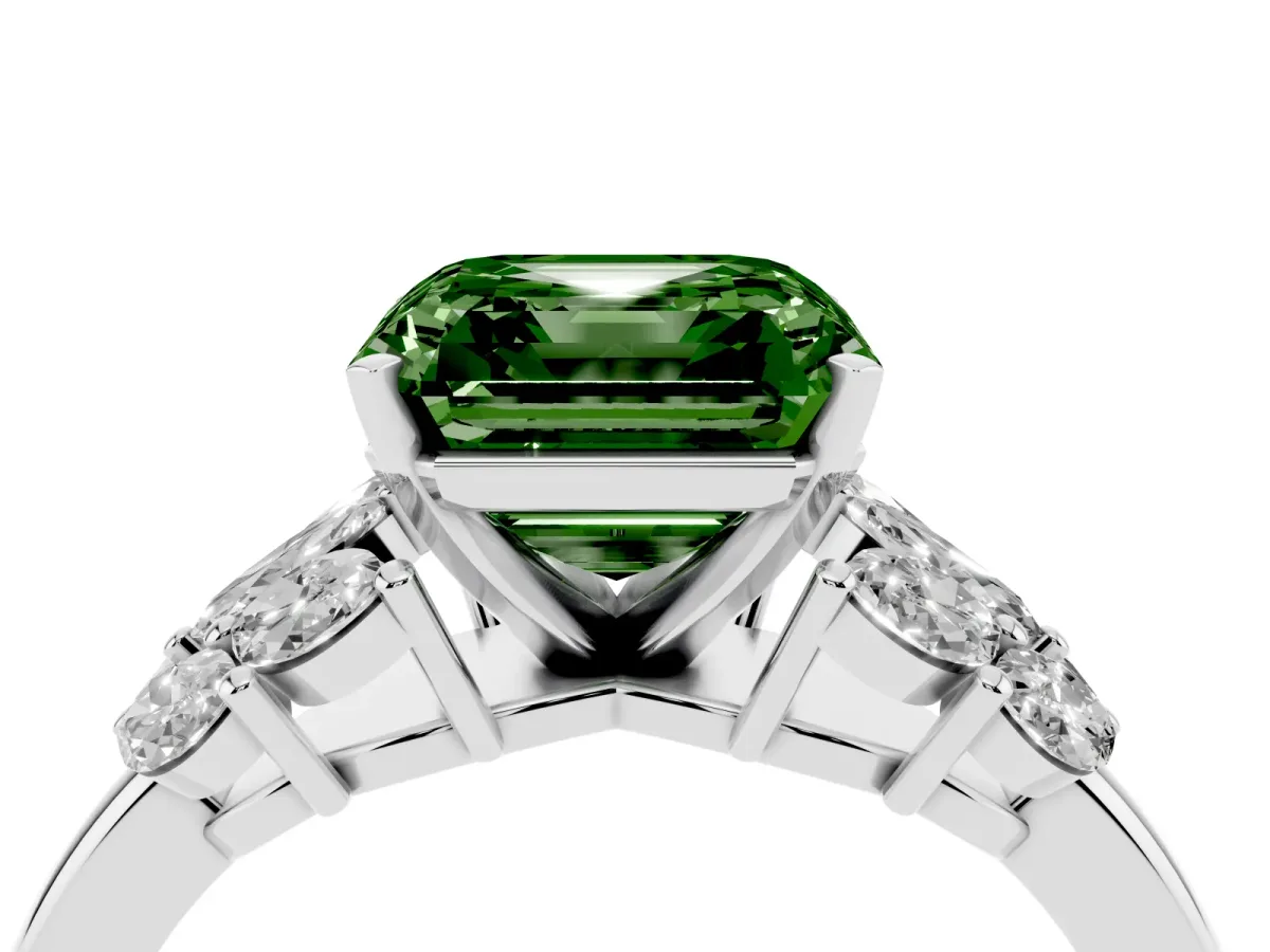 Fancy Green Asscher Cut Diamond Cluster Leaf Design Ring with Prong Setting Silver