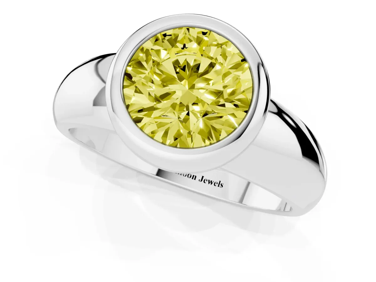 Fancy Yellow Bezel Set Round Cut Solitaire Ring with Wide Band Platinum