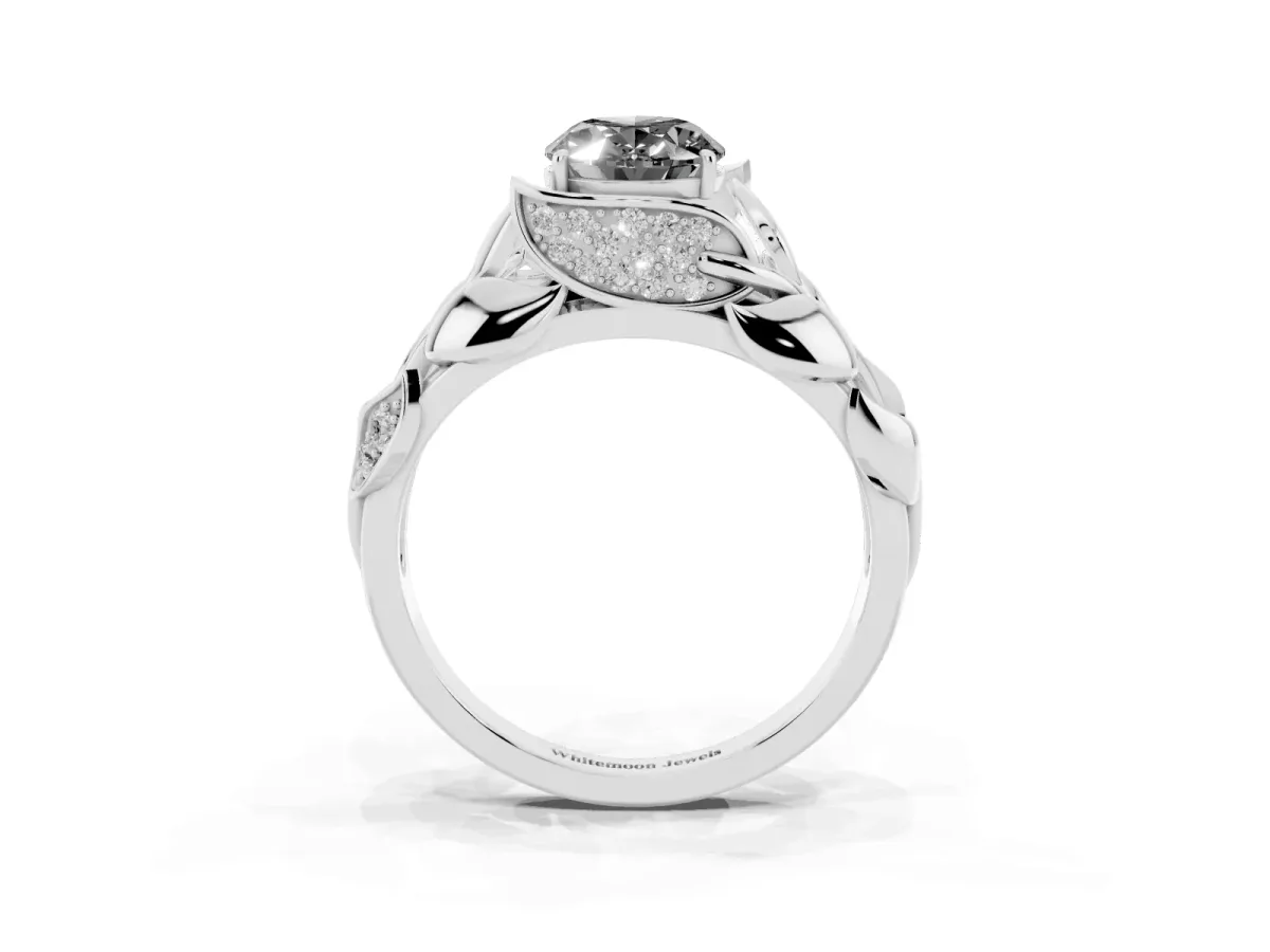 Fancy Black Oval Cut Diamond Leaf-Inspired Engagement Ring with Round Accents and Prong Setting Silver