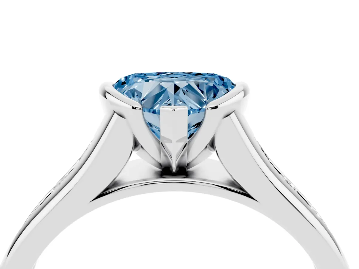 Fancy Blue Heart Cut Solitaire Bezel-Set Diamond Ring with Channel-Set Band Silver