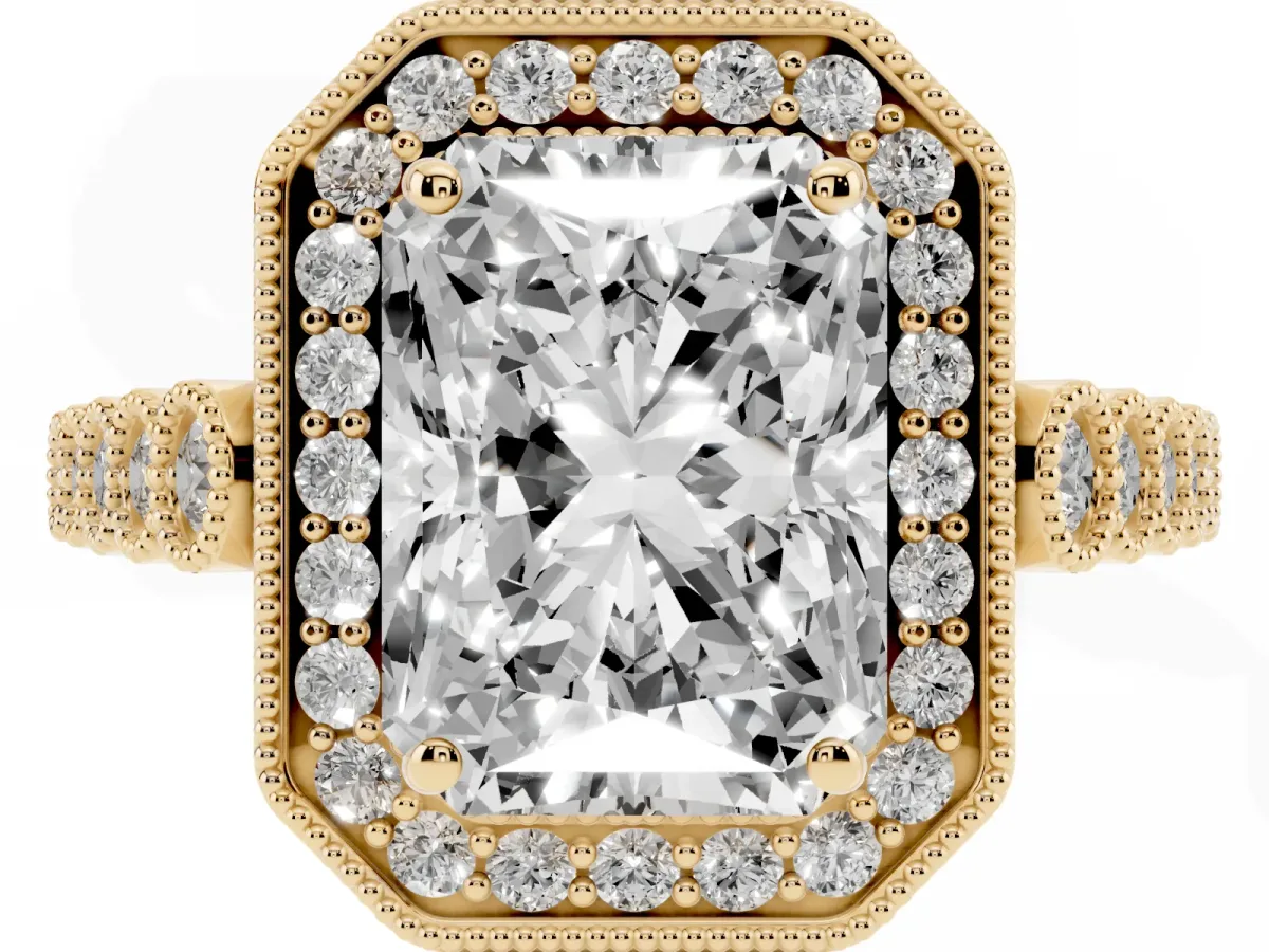 Radiant Cut Halo Milgrain Solitaire with Bezel Set Side Stones and Pave Band Yellow gold