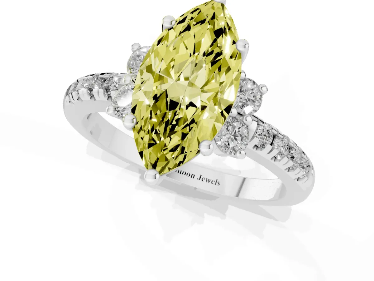 Fancy Yellow Marquise Cut Diamond Three-Stone Pave Band with Four-Prong Setting Silver