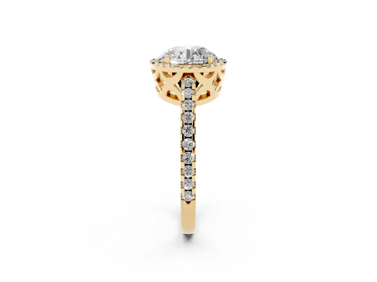 Round Cut Diamond Halo Engagement Ring with Pavé Band and Prong Setting Yellow gold
