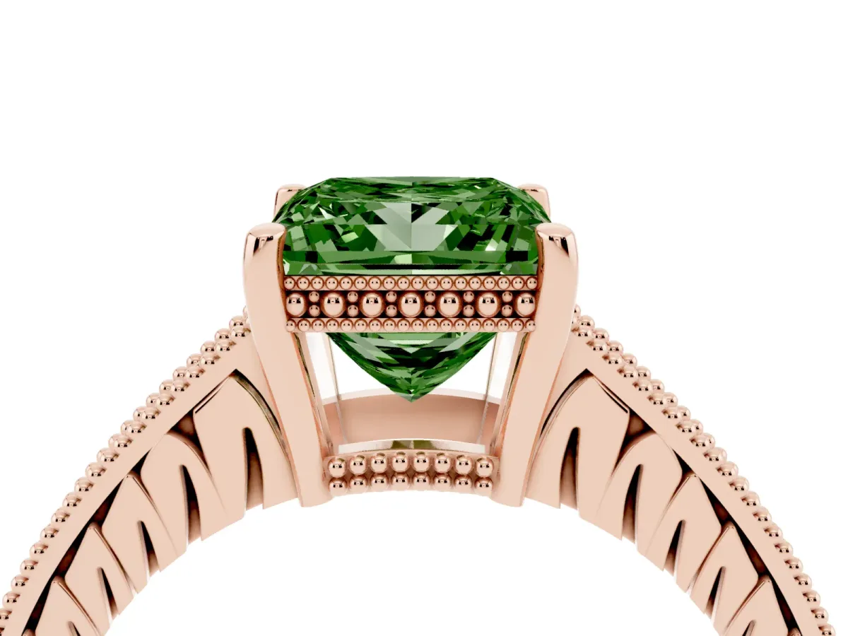 Fancy Green Princess Cut Solitaire Pavé Diamond Milgrain Engagement Ring with Four-Prong Setting Rose gold