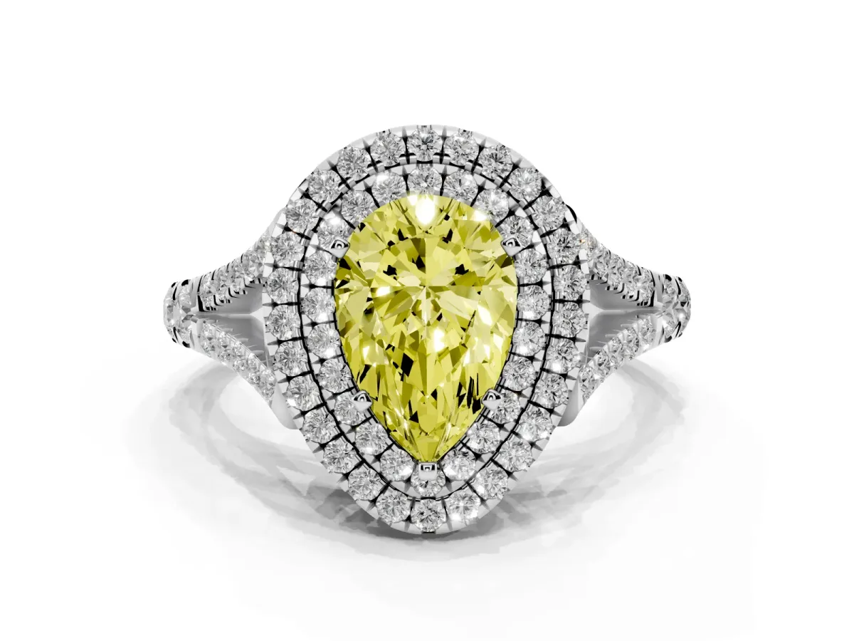 Fancy Yellow Pear Cut Cut Double Halo Split Shank Diamond Ring with Prong Setting Silver