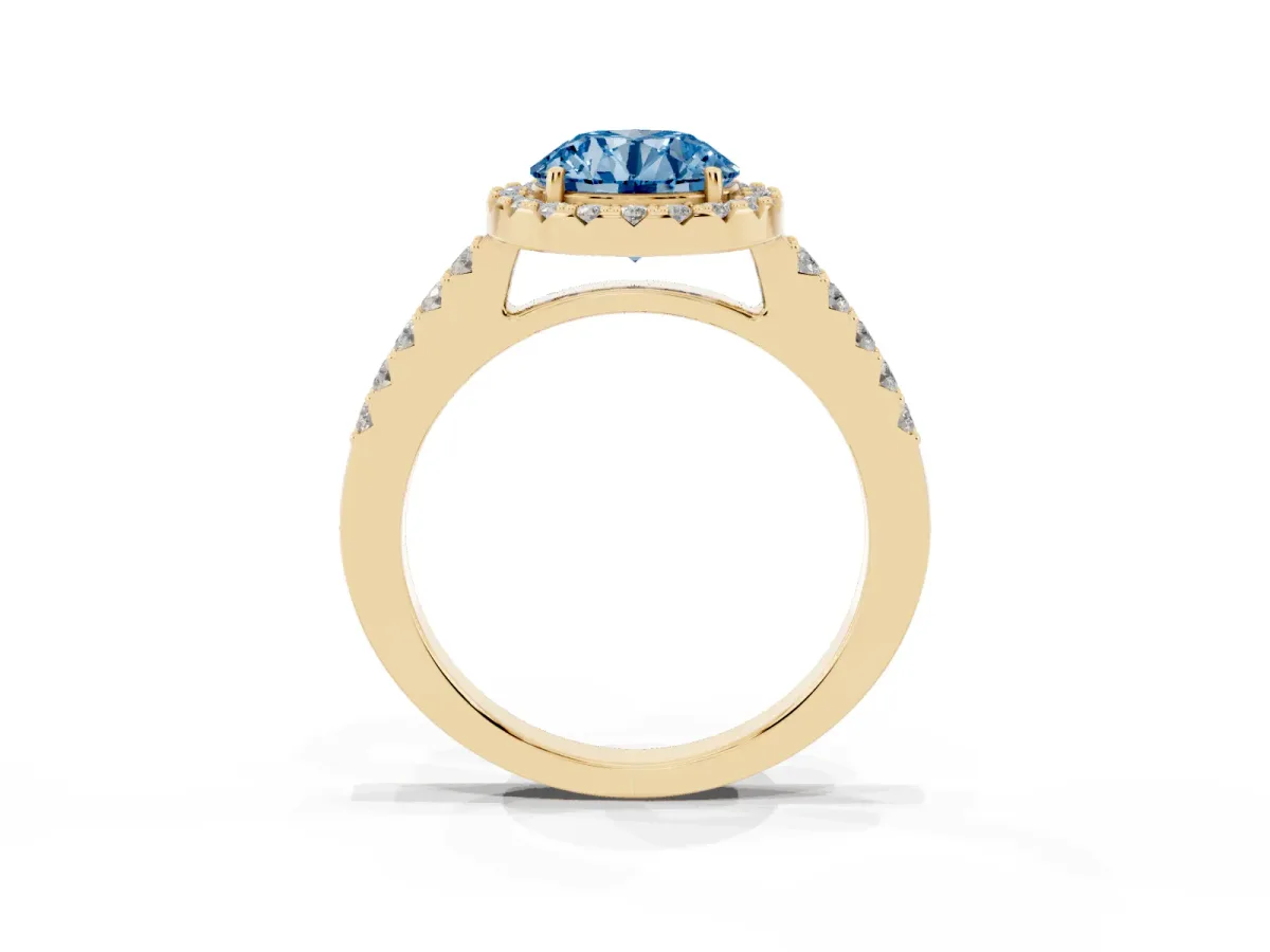 Fancy Blue Round Cut Halo Diamond Pavé Solitaire Ring Yellow gold