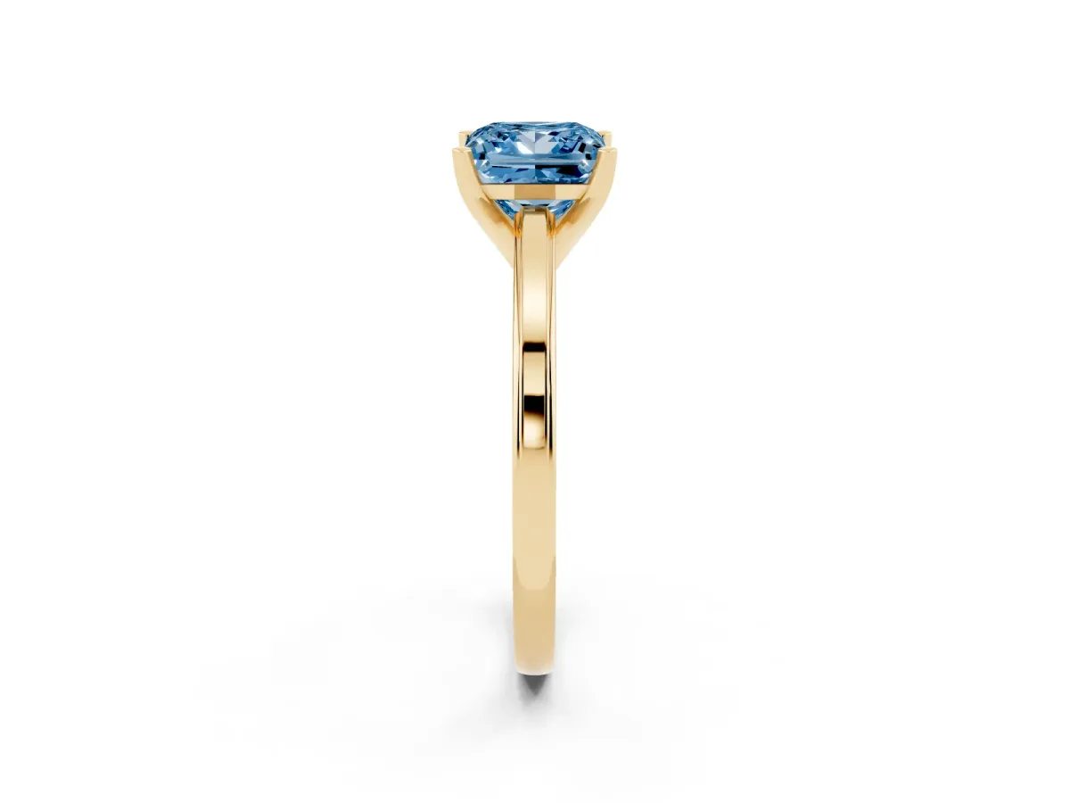 Fancy Blue Princess Cut Solitaire Diamond Ring with Four-Prong Setting and Classic Band Yellow gold