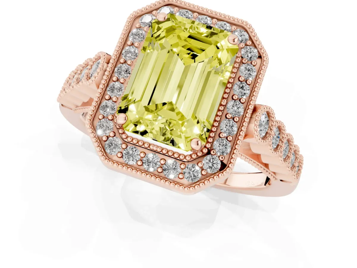Fancy Yellow Emerald Cut Halo Milgrain Solitaire with Bezel Set Side Stones and Pave Band Rose gold