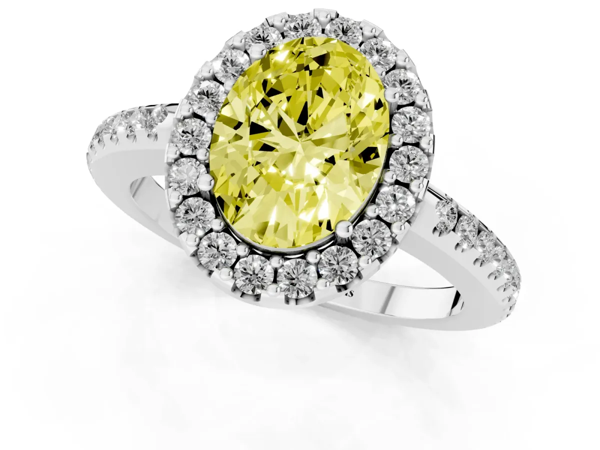 Fancy Yellow Oval Cut Diamond Pavé Halo Ring with Four-Prong Setting Silver