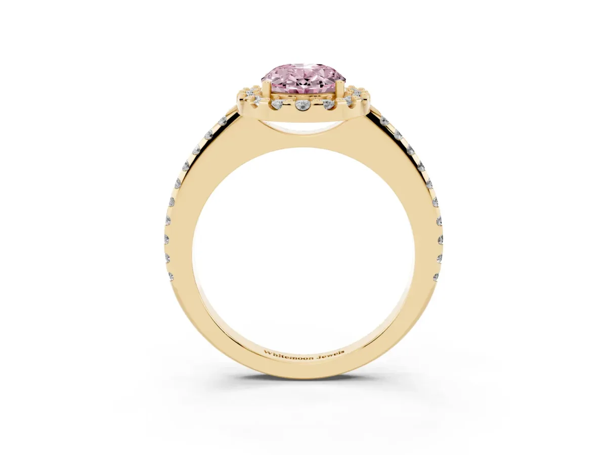 Fancy Pink Oval Cut Diamond Pavé Halo Ring with Four-Prong Setting Yellow gold
