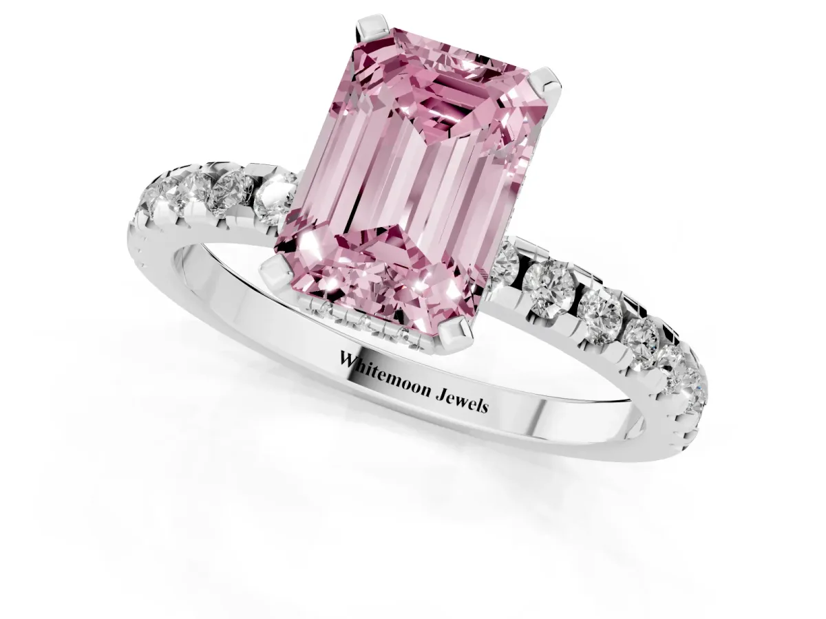 Fancy Pink Emerald Cut Diamond Solitaire Ring with Round Pavé Band and Four-Prong Setting Silver