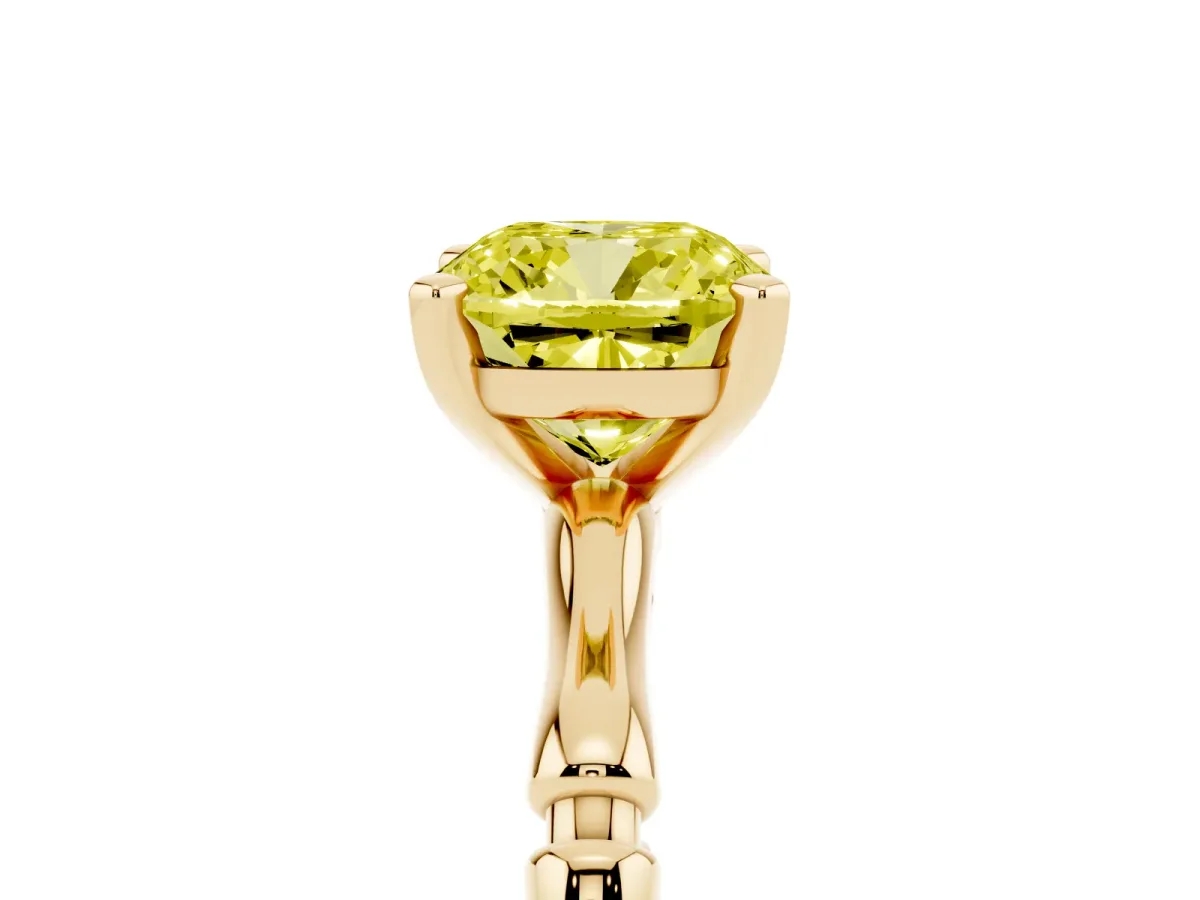 Fancy Yellow Cushion Cut Solitaire Diamond Ring with Bamboo Band and Four-Prong Setting Yellow gold