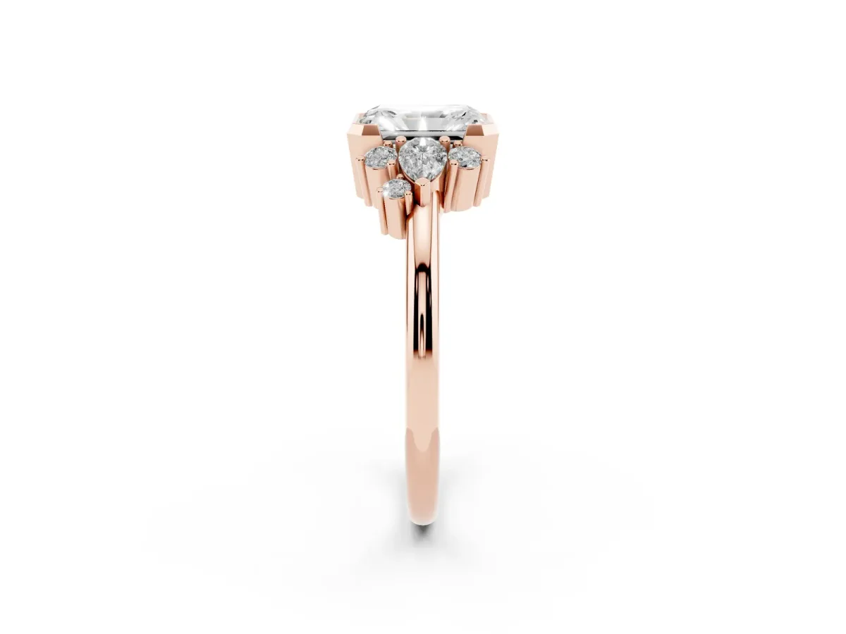 Radiant Diamond Engagement Ring with Pear and Round Side Stones Rose gold