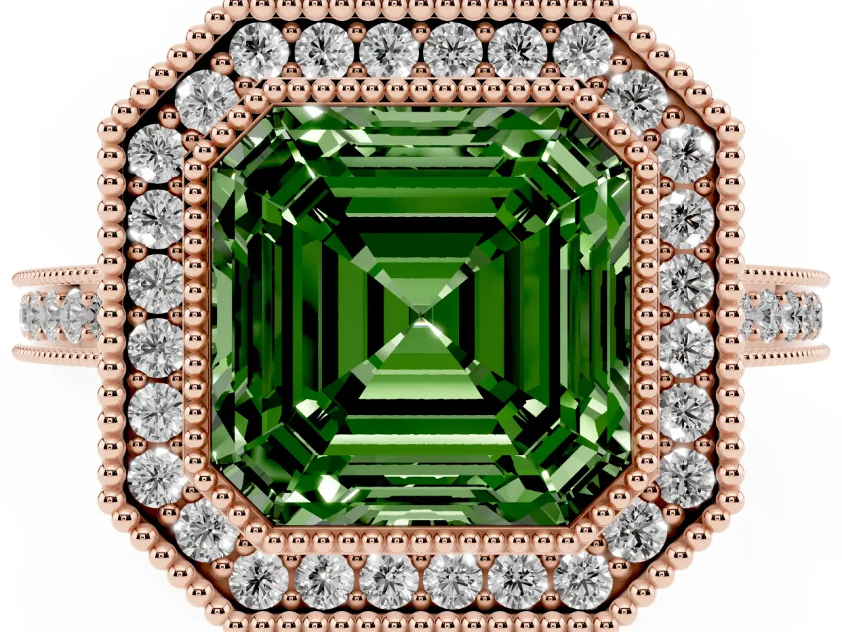 Fancy Green Asscher Cut Cut Halo Diamond Ring with Pavé Band and Milgrain Prong Setting Rose gold