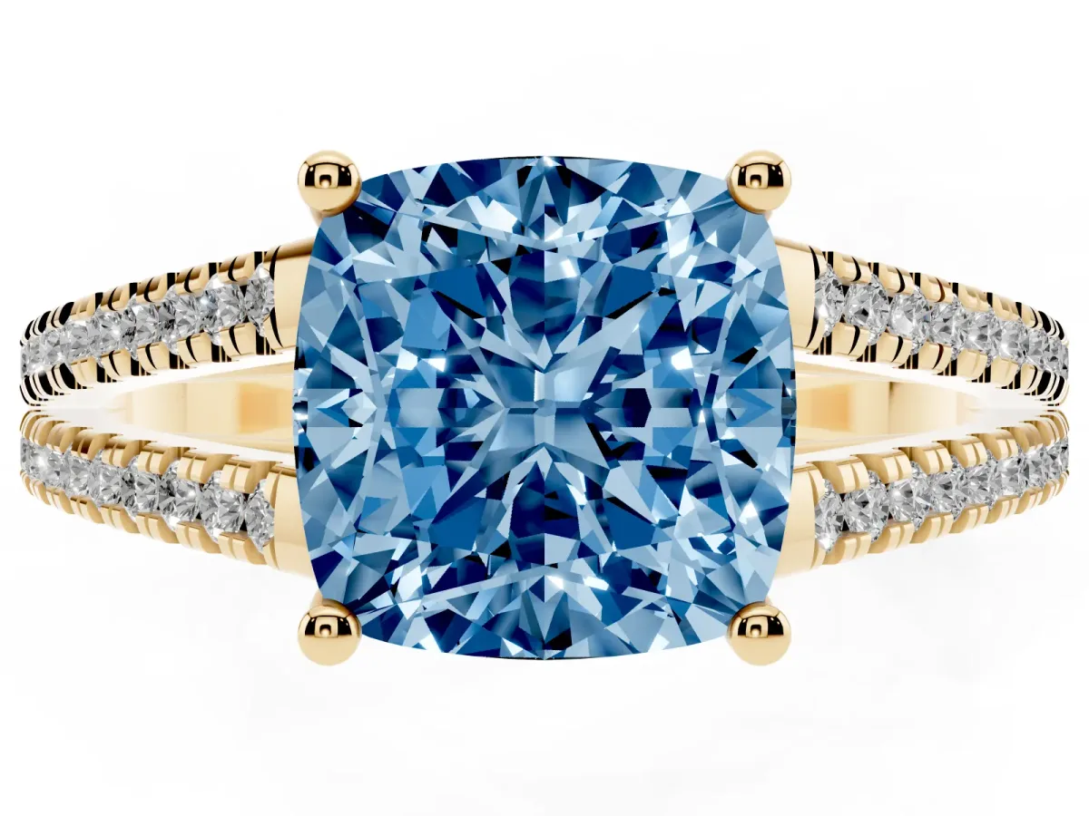 Fancy Blue Cushion Cut Diamond Solitaire Engagement Ring with Split Shank Pavé Band Yellow gold