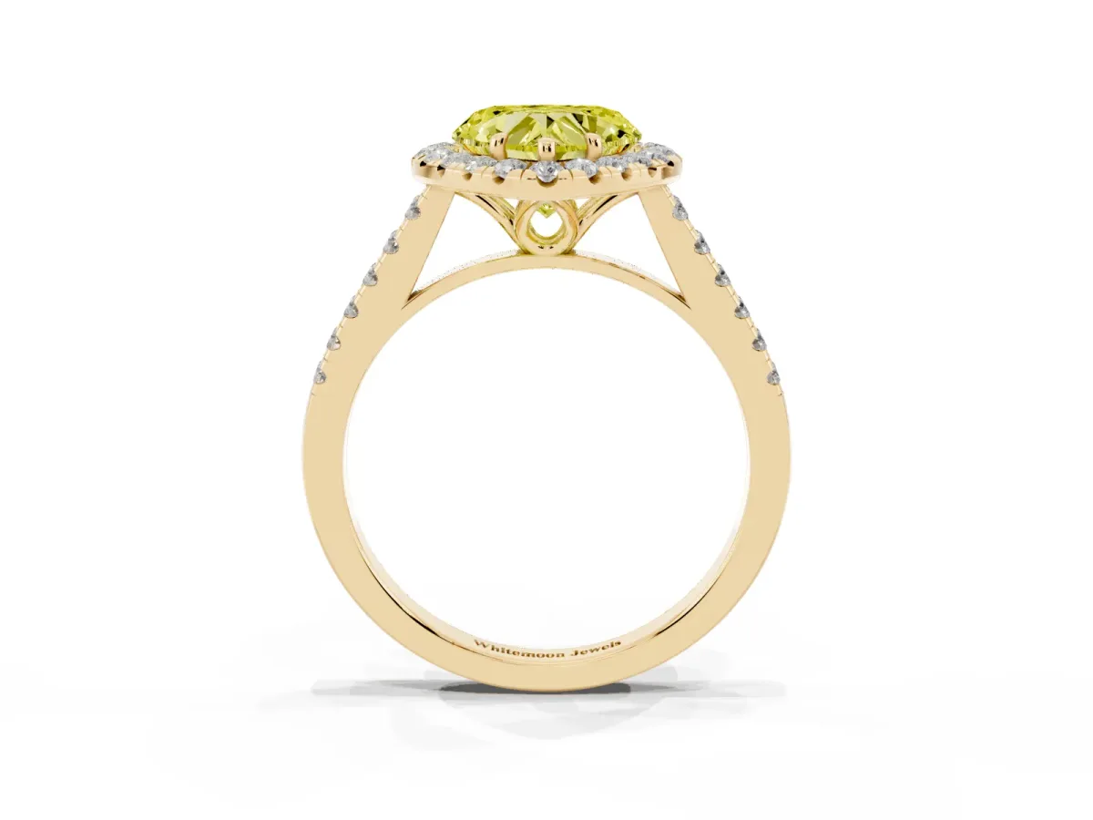 Fancy Yellow Heart Cut Halo Pavé Diamond Engagement Ring with Four-Prong Setting Yellow gold