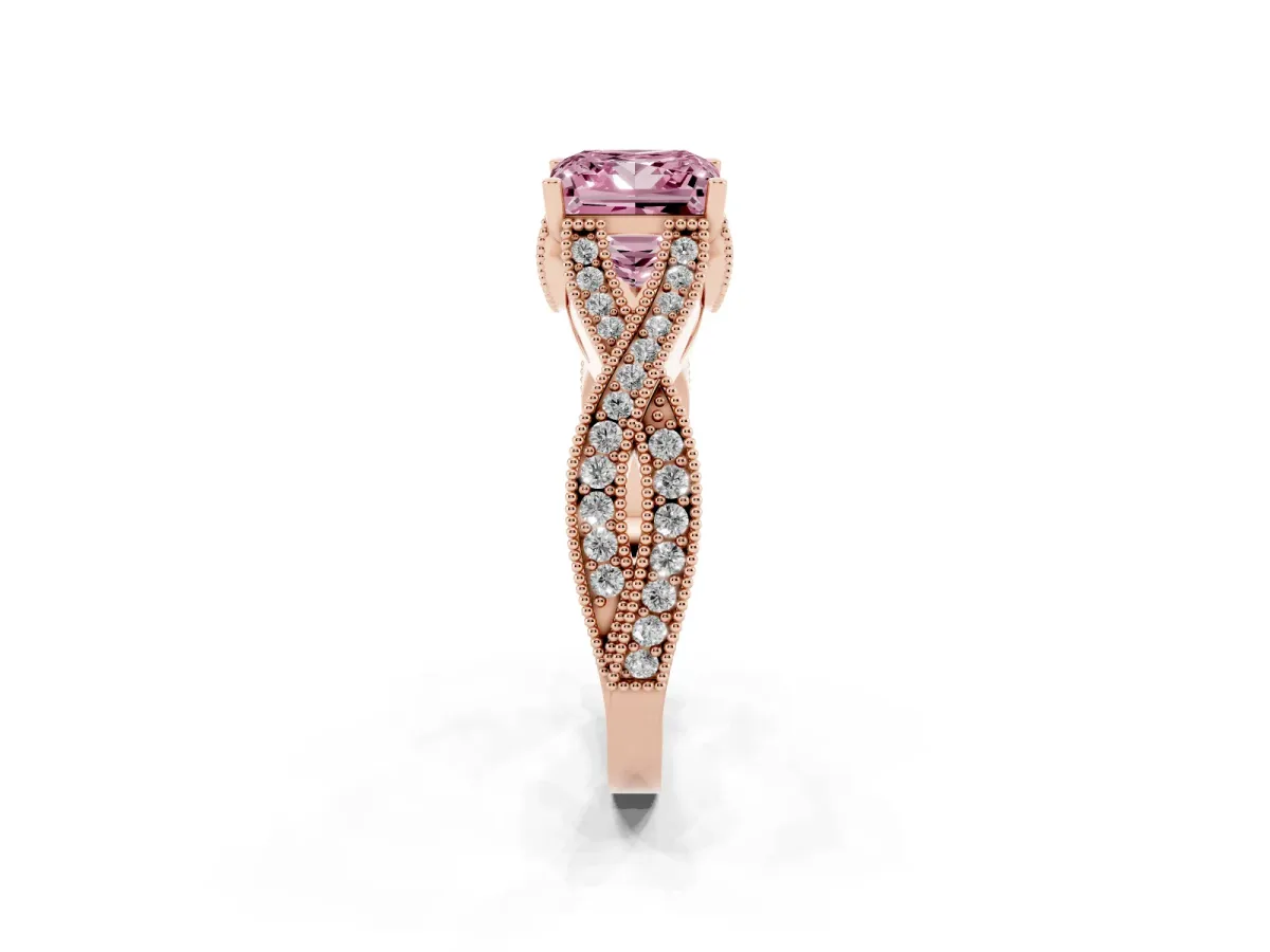 Fancy Pink Princess Cut Cut Diamond Twisted Band with Milgrain Pave Setting and Four-Prong Setting Rose gold