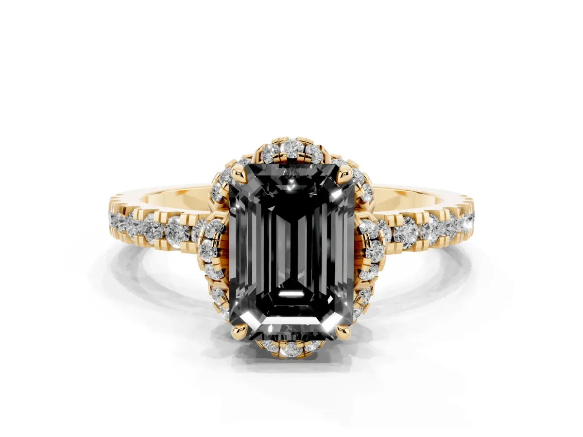 Fancy Black Emerald Cut Diamond Halo Pave Band with Four-Prong Setting Yellow gold