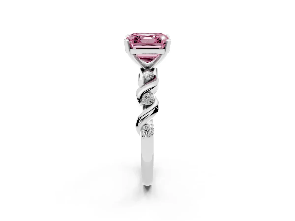 Fancy Pink Asscher Cut Diamond Solitaire Twisted Band with Round Accents and Prong Setting Silver