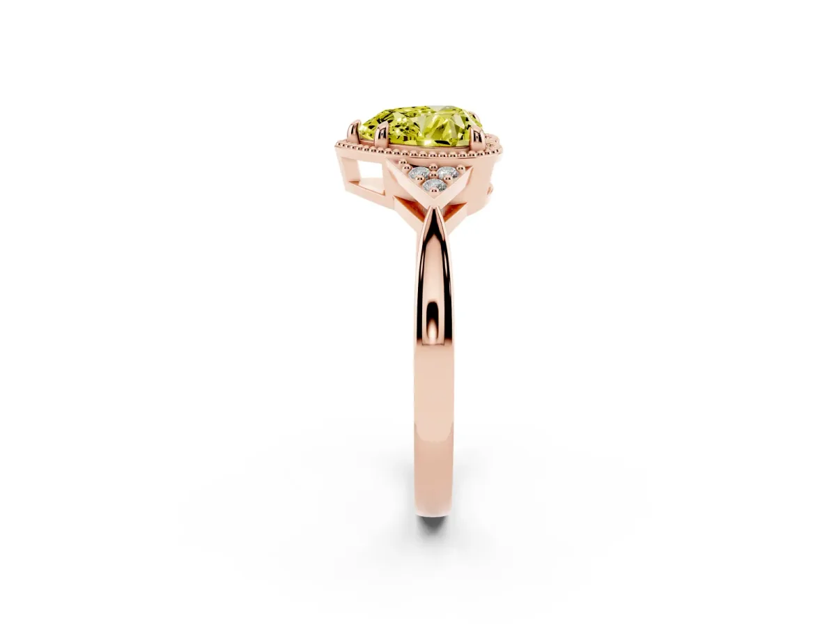 Fancy Yellow Milgrain Heart Cut Cut Diamond Ring with Tapered Pave Band and Four Prong Setting Rose gold