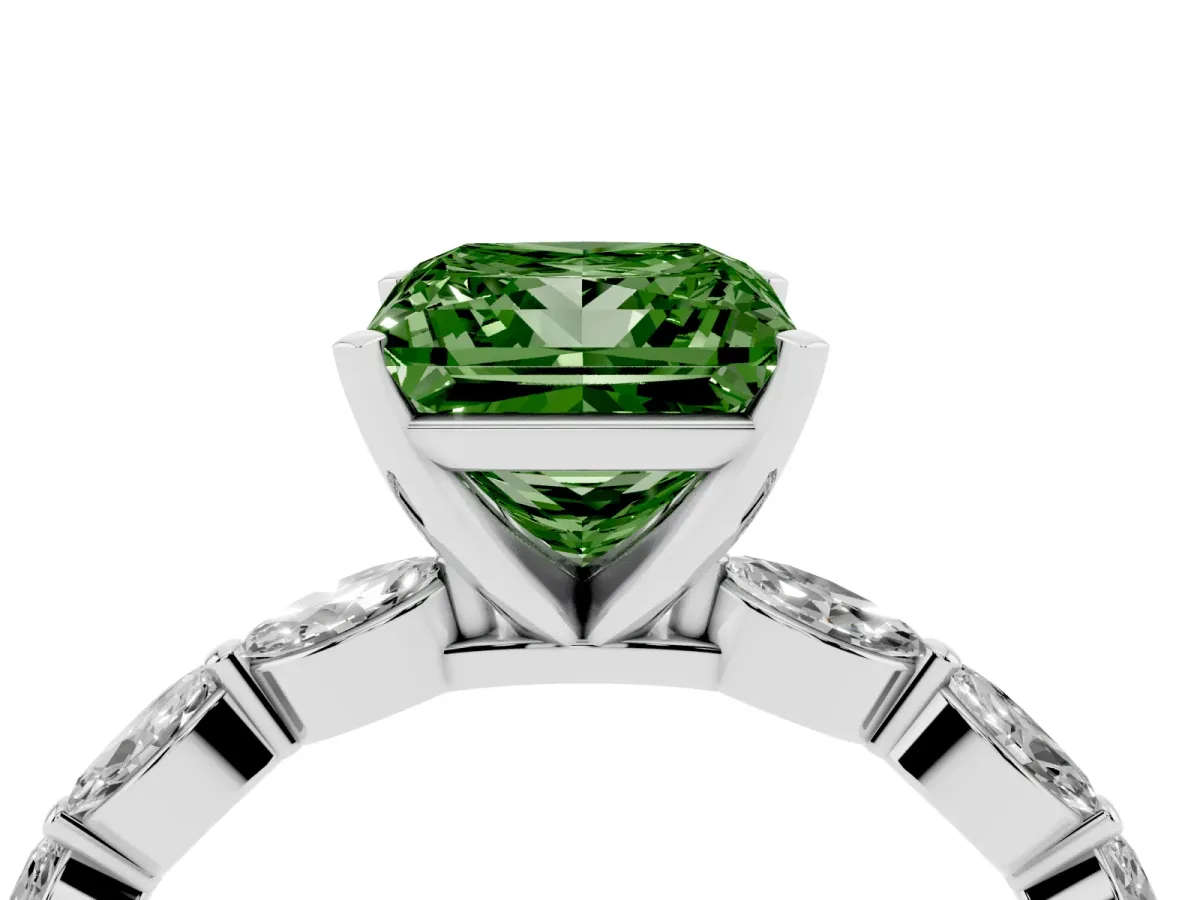 Fancy Green Princess Cut Diamond Ring with Marquise Side Stones and Prong Setting Platinum