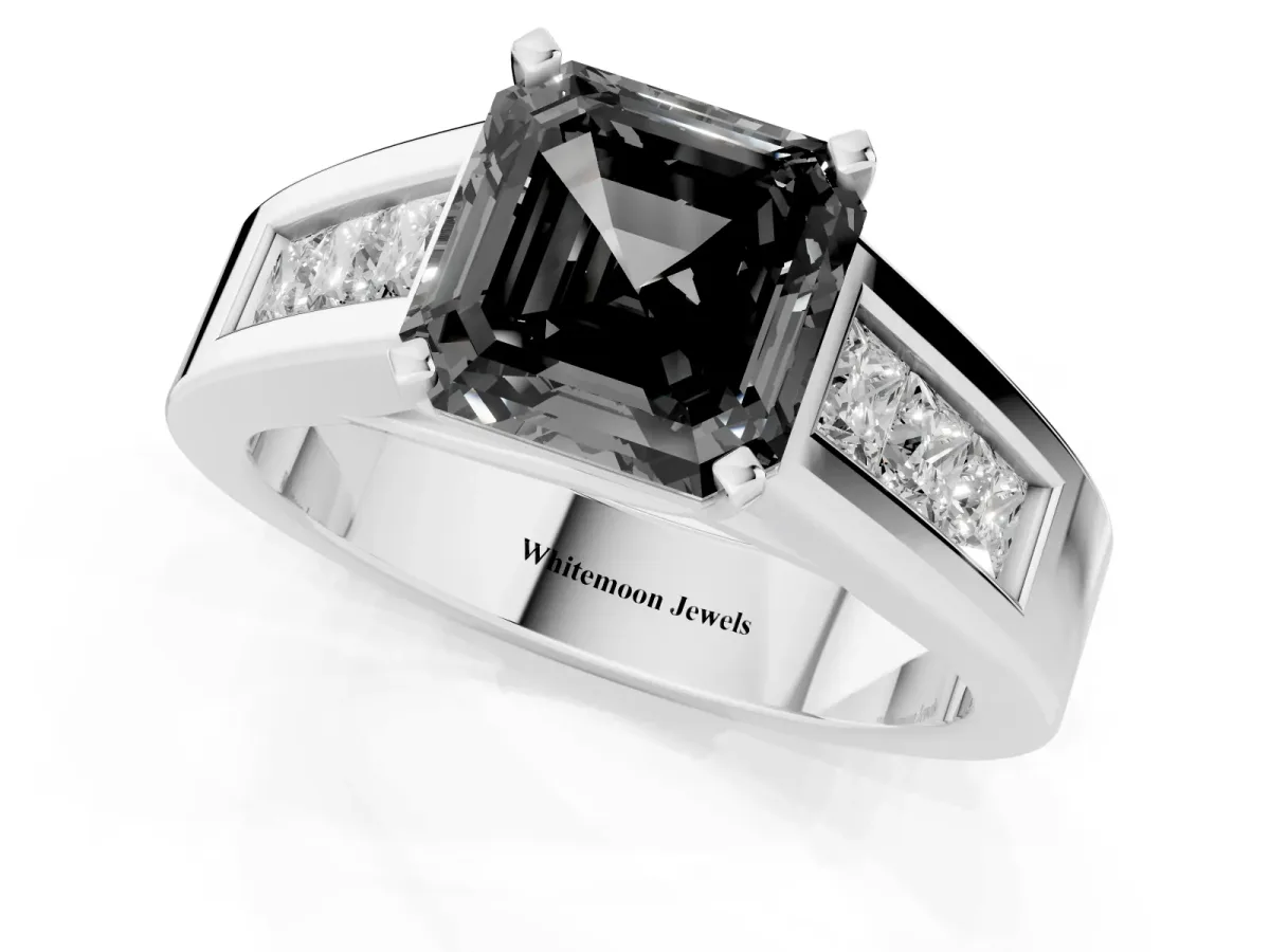 Fancy Black Asscher Cut Cut Channel Set Solitaire Ring with Four-Prong Setting White gold