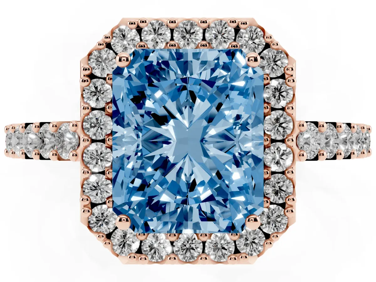 Fancy Blue Radiant Cut Halo Diamond Pavé Solitaire Ring Rose gold
