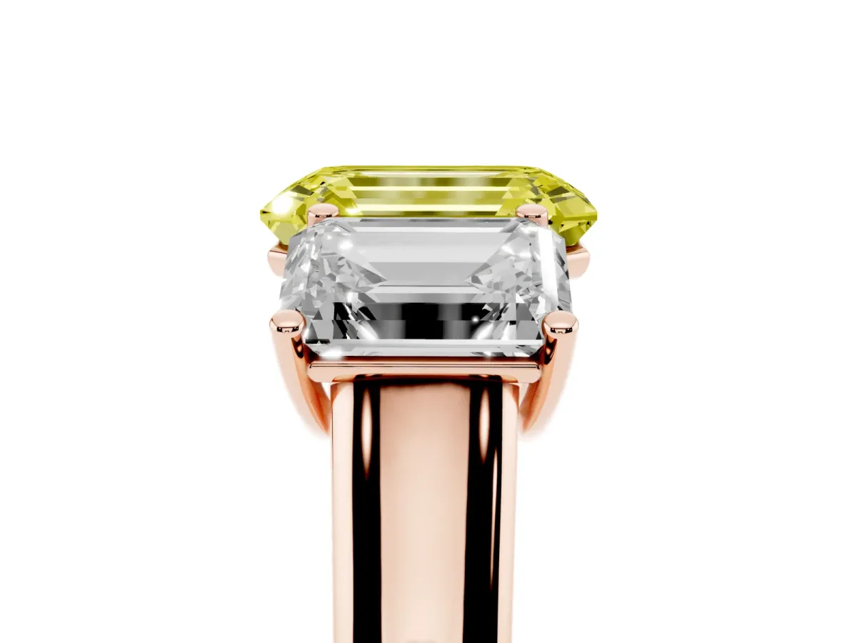 Fancy Yellow Emerald Cut Three-Stone Diamond Ring with Prong Setting on a Classic Band Rose gold