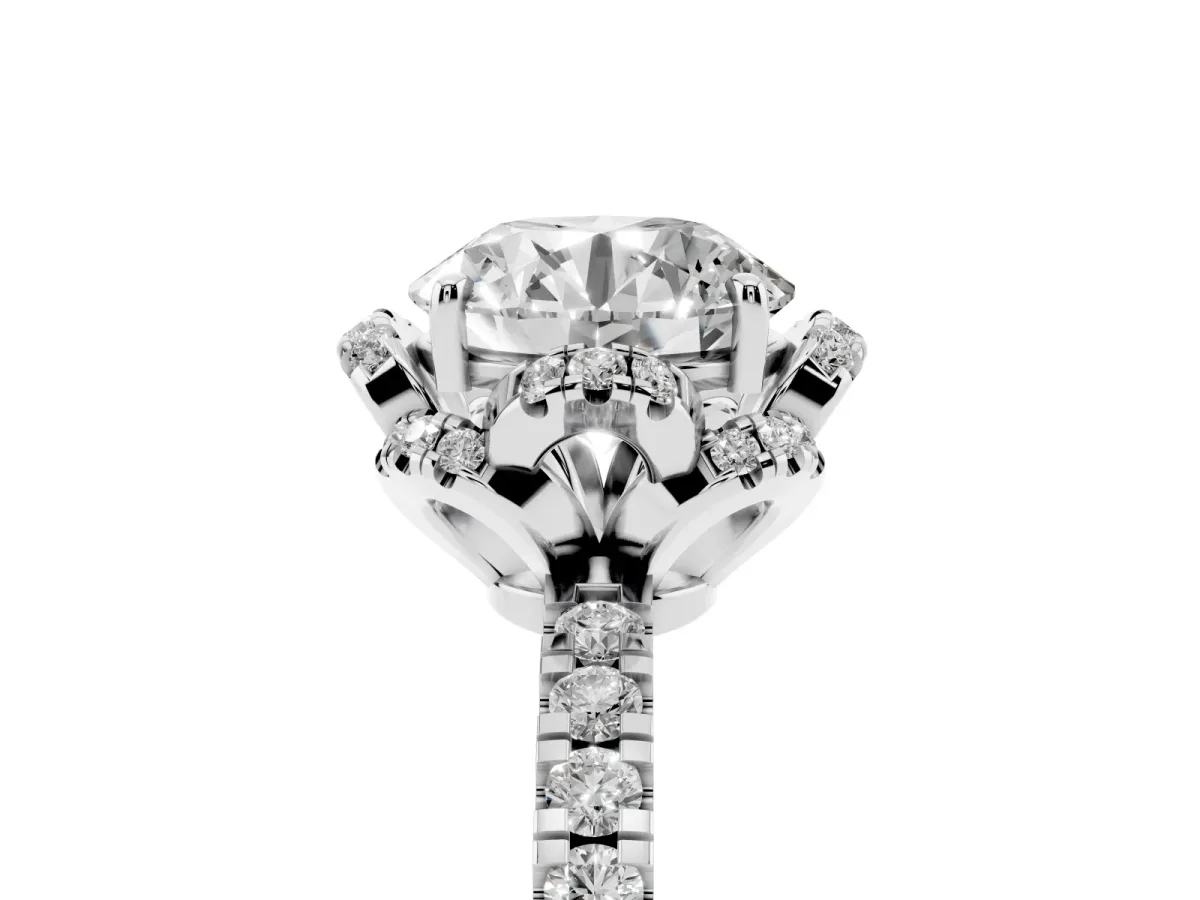 Round Cut Halo Diamond Pave Band Ring with Four-Prong Setting Silver